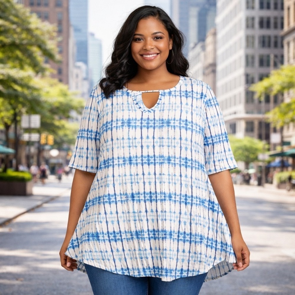 Lane Bryant Women's 14/16 Plus Blue Tie Dye Tunic Boho Swing Rayon Hi/Lo Coastal